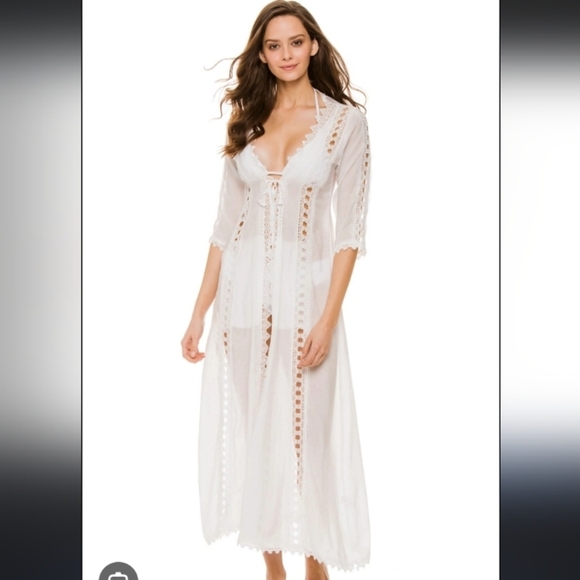 Elan Tops - Elan Lace Crochet Bohemian Flowy Feminine Hippie Festival Maxi Kimono Cover Up